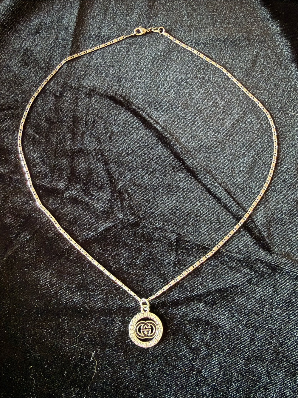 Silver Tone Chain Necklace - Interlocking GG Logo Medallion with Crystals  18”